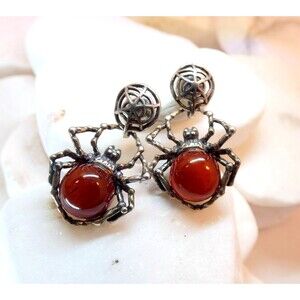Artisan Sterling Silver Baltic Amber Spider Dangle Earrings Halloween